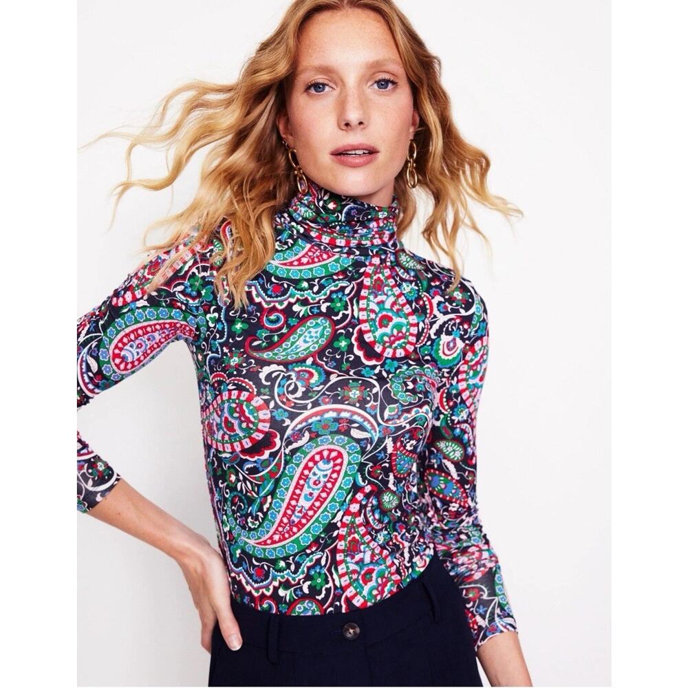 Boden Polly Blue Paisley Floral Jersey Turtleneck Size 6 MOD Long Sleeve Ae21